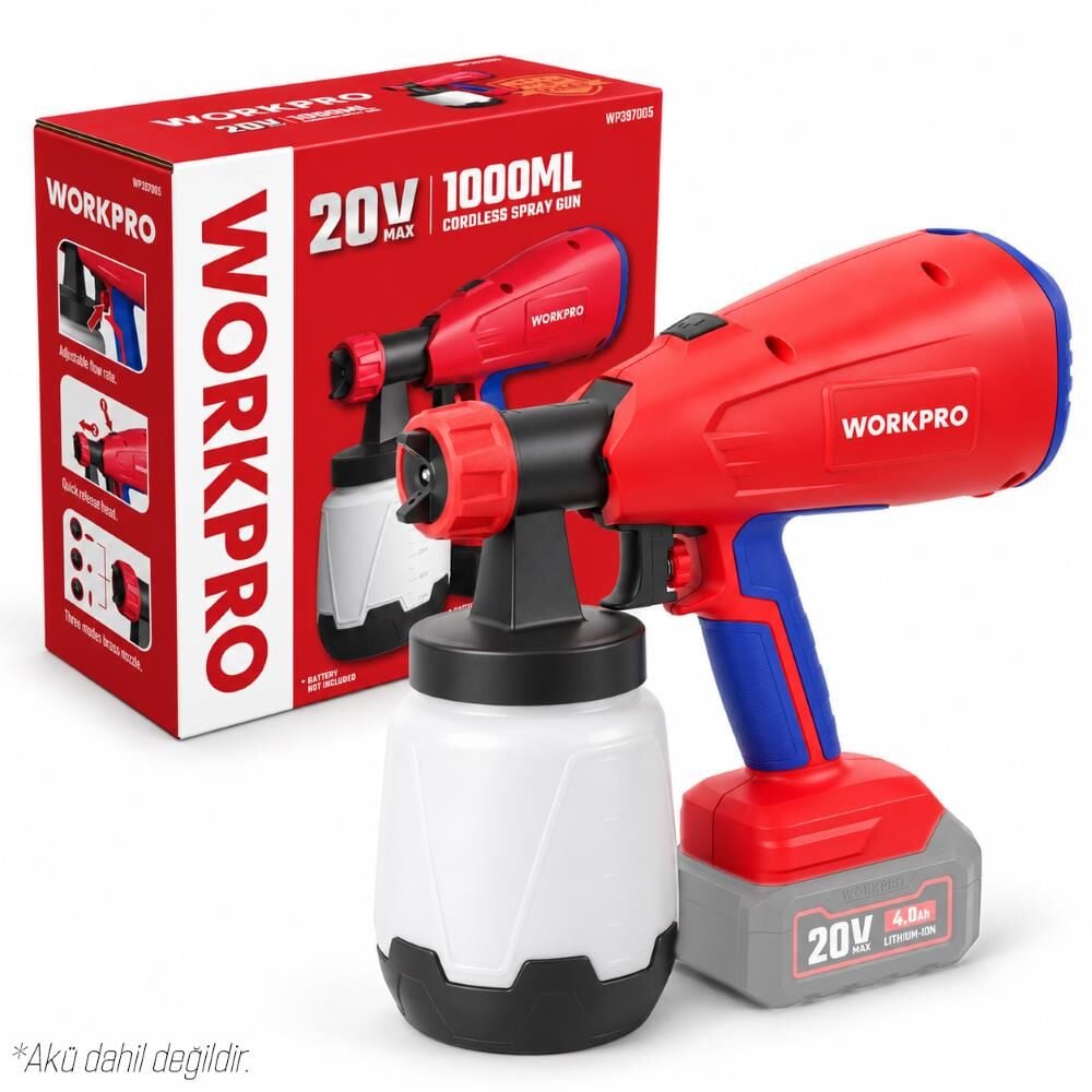 WORKPRO WP397005 20Volt 1000ml. Şarjlı Boya Tabancası +Yedek Nozul/Meme (Akü Dahil Değildir)