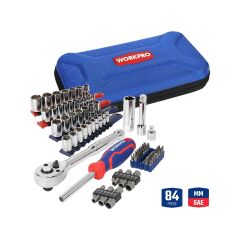 WORKPRO WP209006 84 Parça 3/8’’ 1/4’’ CR-V Metrik/İnç Profesyonel Lokma ve Bits Uç Takımı