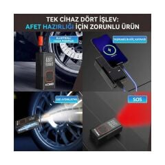 KOBB KB412 Li-ion Şarjlı 150 PSI Dijital Göstergeli Akıllı Lastik Şişirme Pompası+ Powerbank + SOS + Led Lamba