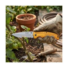 CAT DA980006 Kemer Askı Kancalı Katlanabilir 20CM Paslanmaz Çelik Sarı Kamp Çakısı