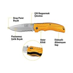CAT DA980006 Kemer Askı Kancalı Katlanabilir 20CM Paslanmaz Çelik Sarı Kamp Çakısı