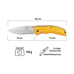 CAT DA980006 Kemer Askı Kancalı Katlanabilir 20CM Paslanmaz Çelik Sarı Kamp Çakısı